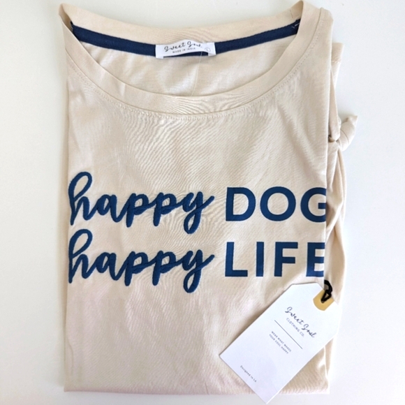 NWT Embroidered Cuffed Sleeves T Shirt WOMENS M/ L Happy Dog Happy Life Beige - Picture 1 of 13
